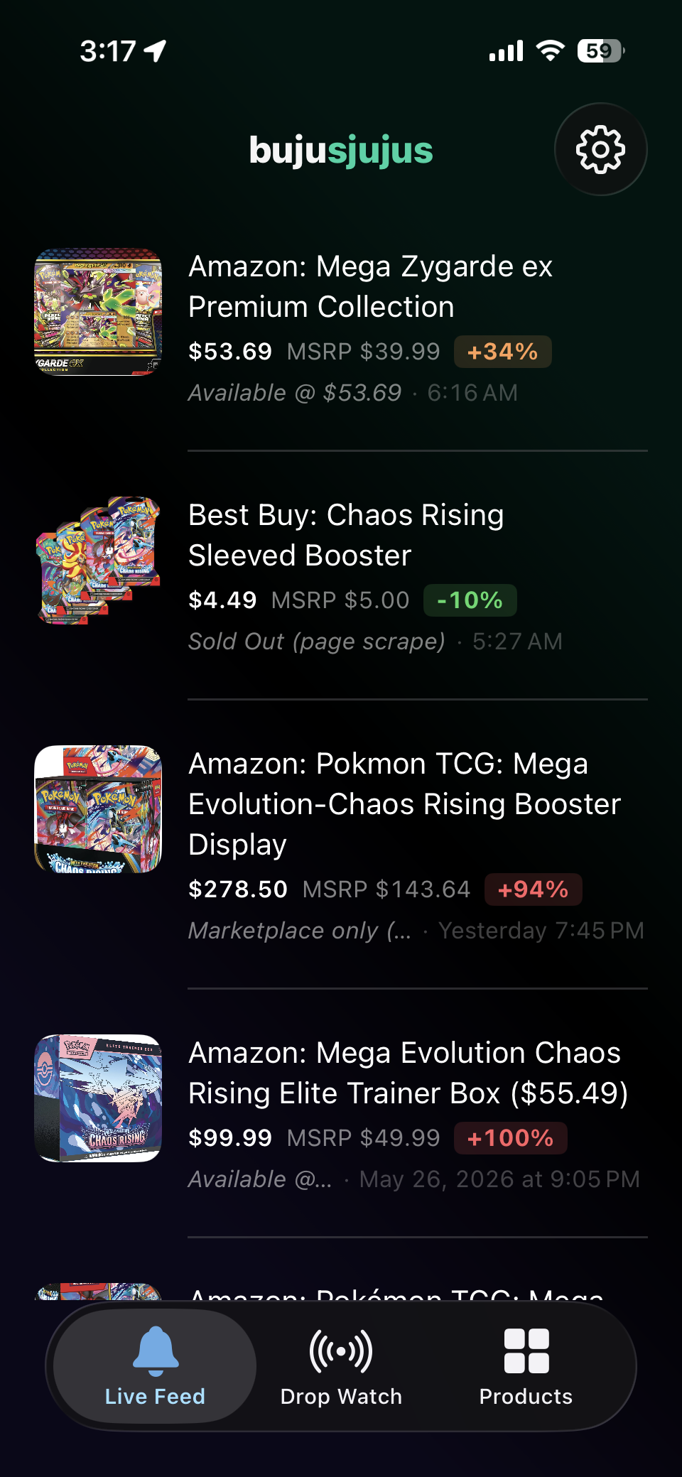 bujusjujus iOS app — Live Feed (dark mode)